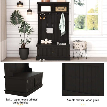 4-in-1 Hall Tree with Storage Shoe Bench – Black