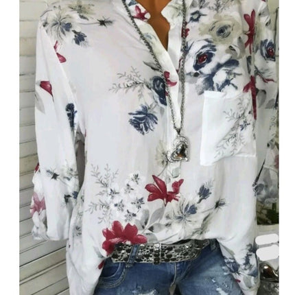 5XL Plus Size Summer Blouse Women Long Sleeve Print Stand Collar