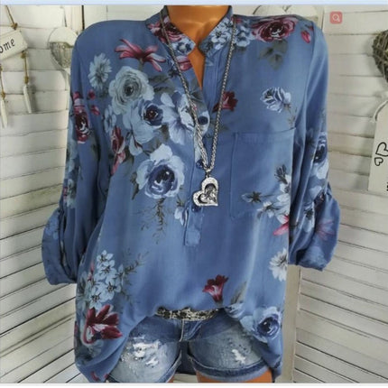 5XL Plus Size Summer Blouse Women Long Sleeve Print Stand Collar