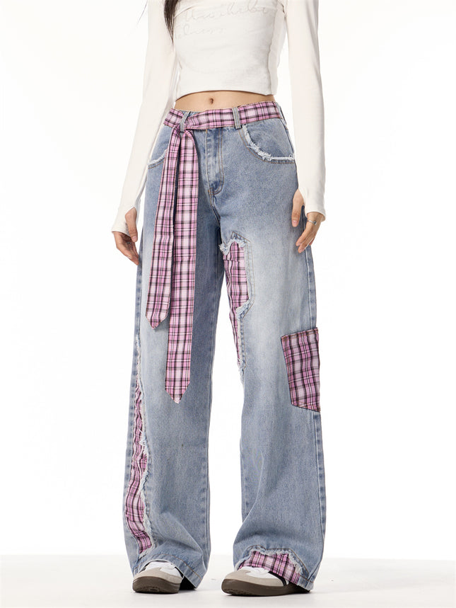 Bowknot Plaid Wide Leg Jeans