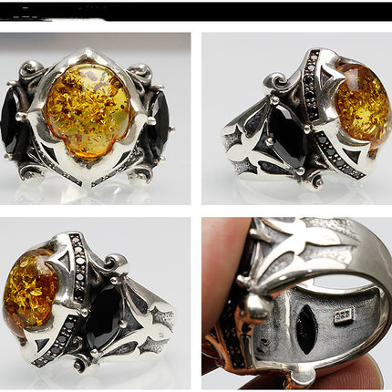 925 Thai Silver Ring Retro Gem Black Stone Amber